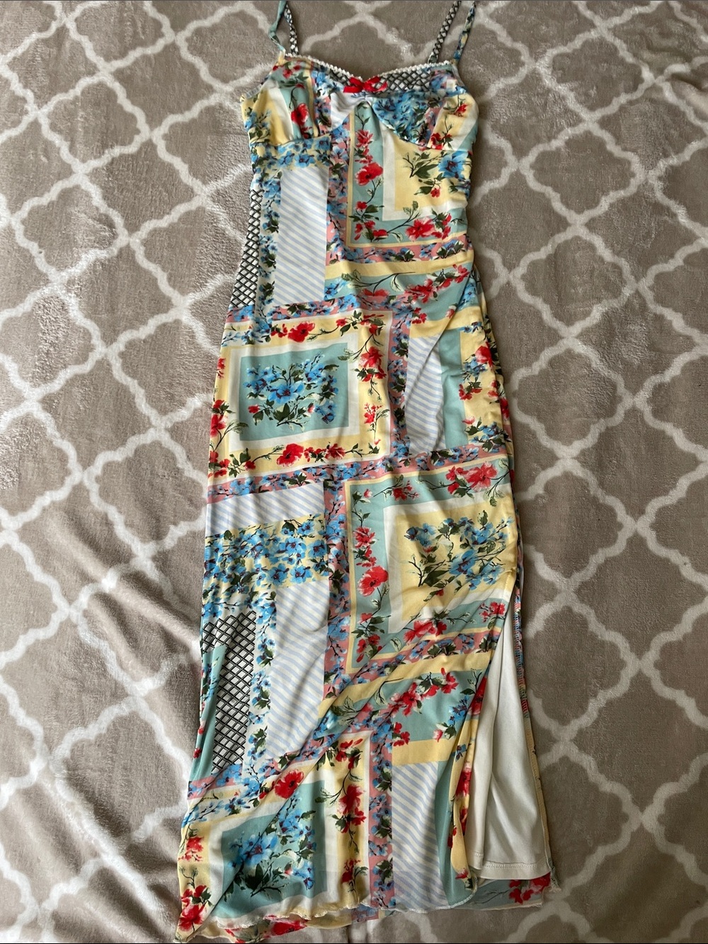 Floral Patchwork Slip Dress in Yellow & Blue